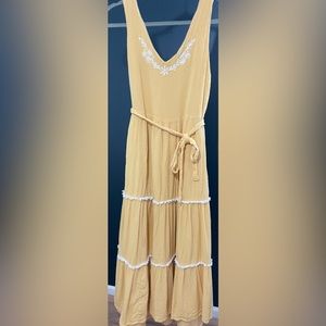 Joie Yellow Embroidered Tiered Midi Fringe Trim Crepe Dress  size 12